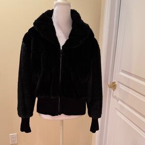 Black Faux Fur Jacket with diamond zipper
